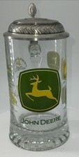 John Deere Glass Beer Stein w/ Pewter Lid Historical Logos Tractor Collectible