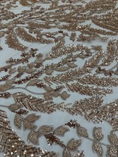 Beaded Lace Fabric Champagne Rose Gold Sequin Embroidered Bridal Mesh