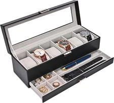 Watch Box, 6 Slot Watches Display Case with Drawer, Mens Watch Case with Glass L
