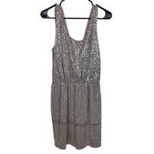 Express Silver Sequin Sleeveless Dress With Deep V-Back & Elastic Waist, Medium