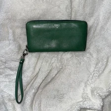 Fossil Leather Wallet Womens Zip Around Clutch Wristlet Removable Strap Purse