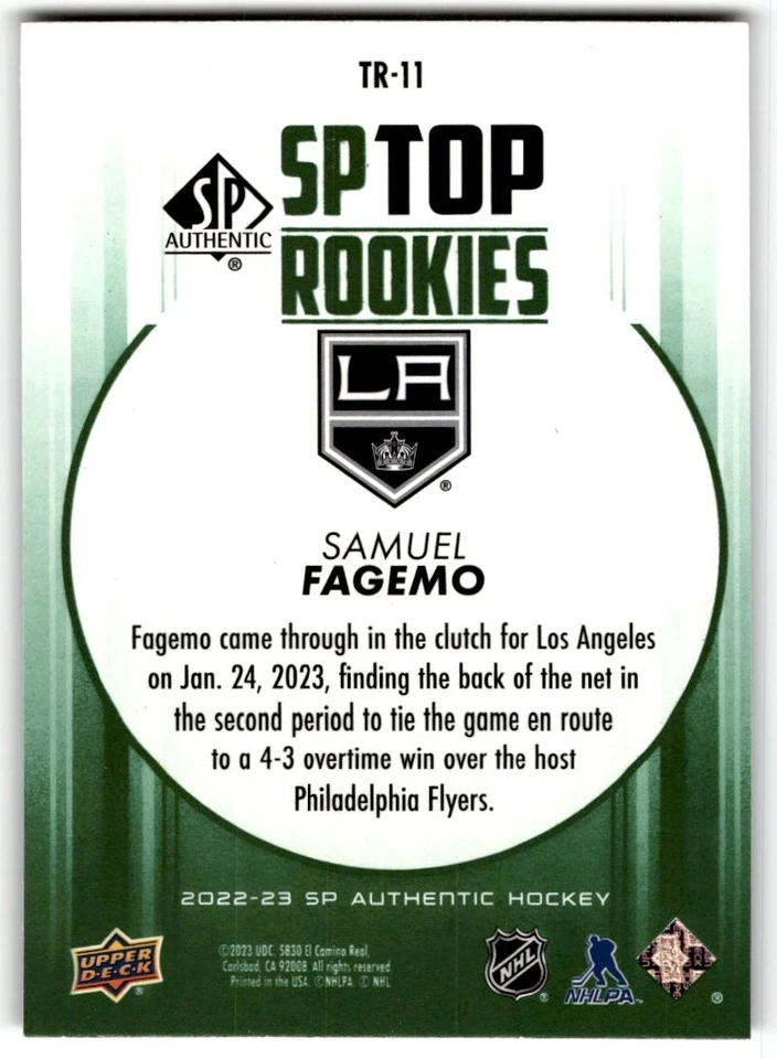 Samuel Fagemo 2022-23 SP Authentic Top Rookies Green #TR-11 Los Angeles Kings - Image 2 of 2