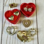Vintage Costume Jewelry Lot of 7 Heart Shaped Brooches & Earrings Valentines Day
