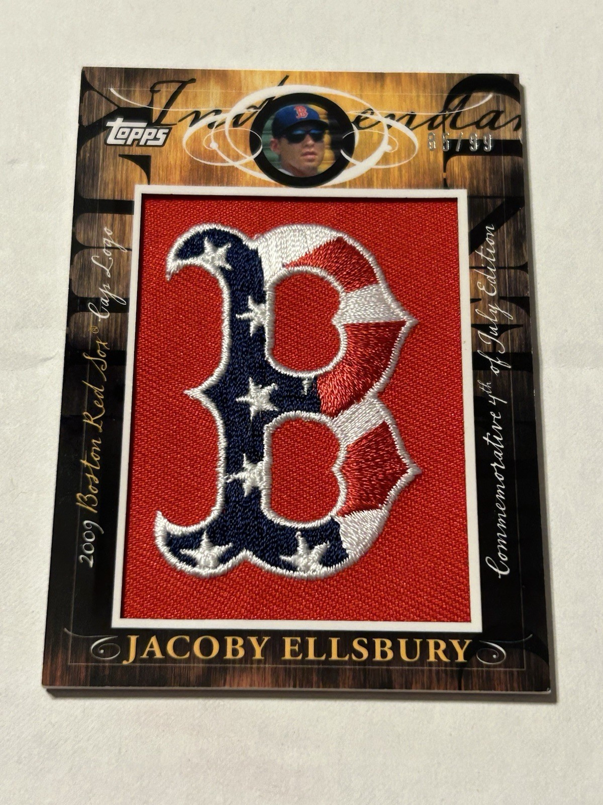2010 Topps Jacoby Ellsbury 85/99 4th Of July Cap Patch Commemorative Red Sox