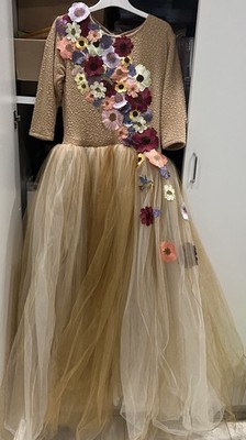 Tunza Tulle Custom Gold Dress Appliqué Flowers & Birds. So 14-16 Tween Stretchy