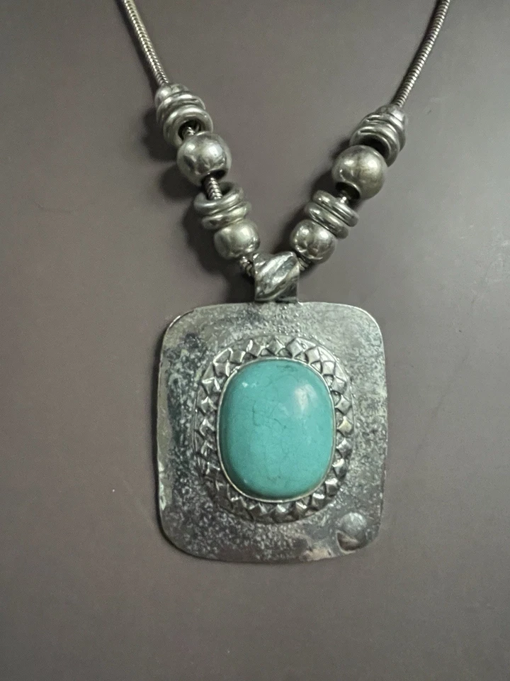 Collar Plata Turquesa Tono Cuadrado Colgante Tono Plata Cadena Joyería Foto 3 de 4