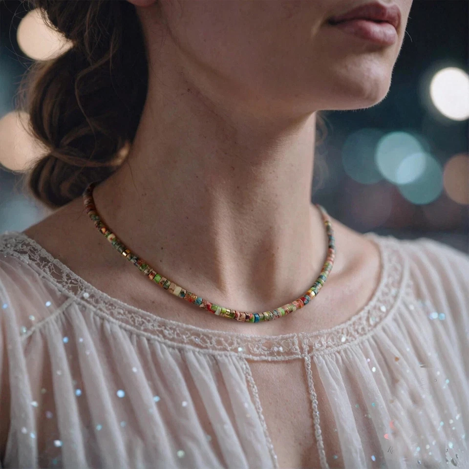 Gargantilla de jaspe sedimento marino galaxia hecha a mano tubo arco iris cuentas delicado collar Foto 3 de 4