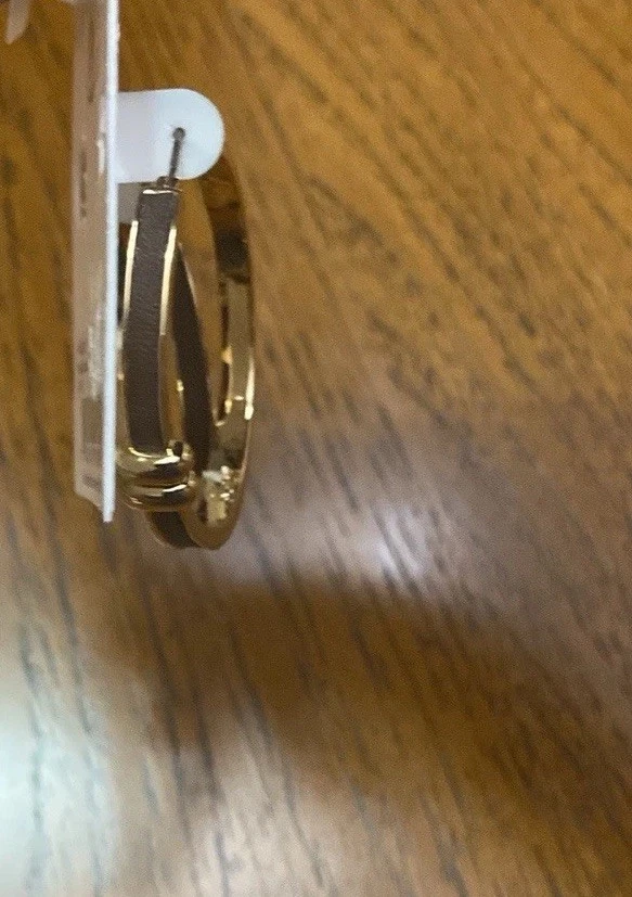 Pendientes de aro Ralph Lauren tono dorado cuero marrón logotipo 35 mm $45 nuevos Foto 2 de 4