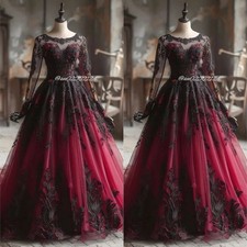 Vintage Gothic Black and Red Wedding Dresses Long Sleeves Lace Bridal Gowns