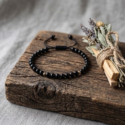 4mm Natural Black Obsidian Adjustable Bracelet Protection Grounding Healing