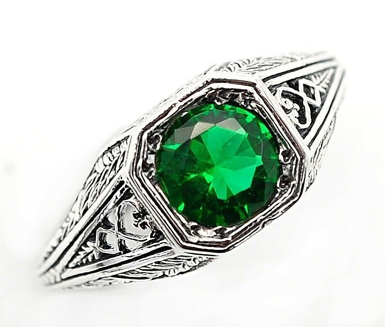 1CT Heat Treated Green Tourmaline 925 Solid Sterling Silver Victorian Ring Sz 6 