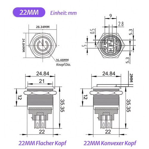 Ø 22mm Metall Druckschalter Drucktaster KFZ LED Beleuchtet 5V 12V 220V / 5A IP66 - Bild 10 von 34