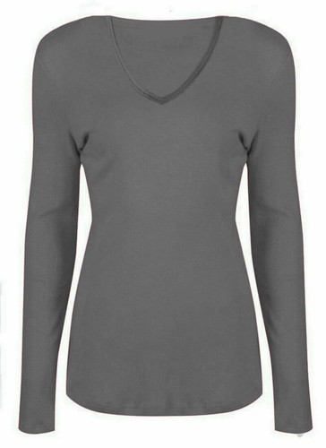 Womens V Neck Long Sleeve T Shirt Top Ladies Plain Slim Fit Stretchy Top UK 8/26 - Picture 7 of 21