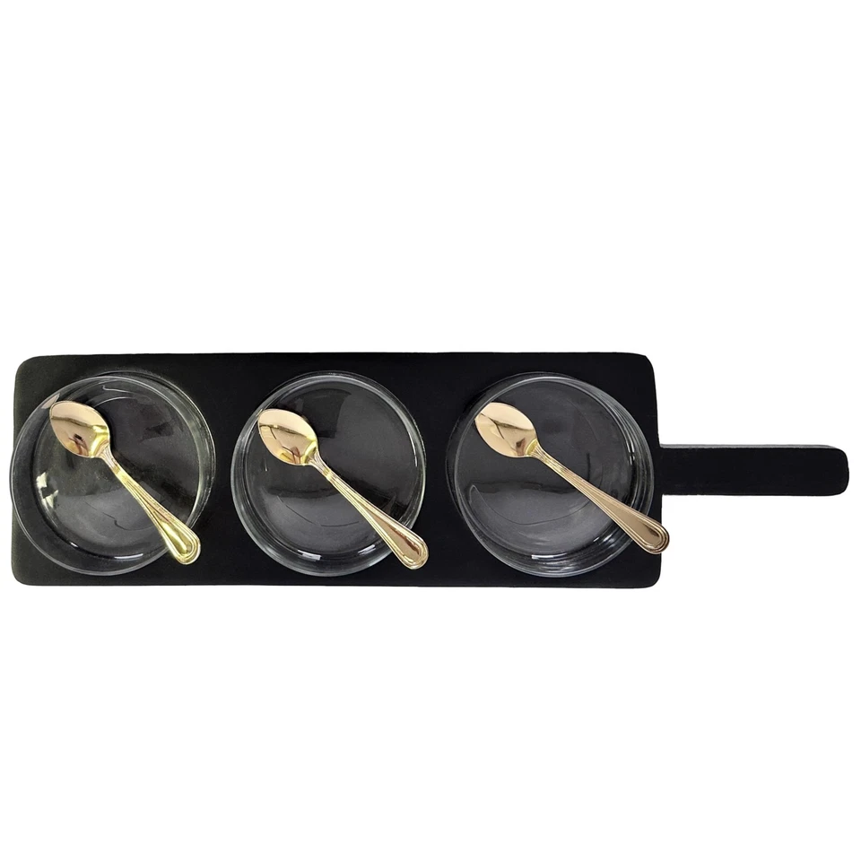 7 Pc Serving Set, Square Paddle Tray with 3 Round Dipping Bowls & 3 Gold Spoons - Image 3 of 4