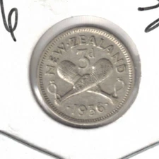 1936 New Zealand Circulated Silver Three Pence KGV & Crossed Patu Coin!