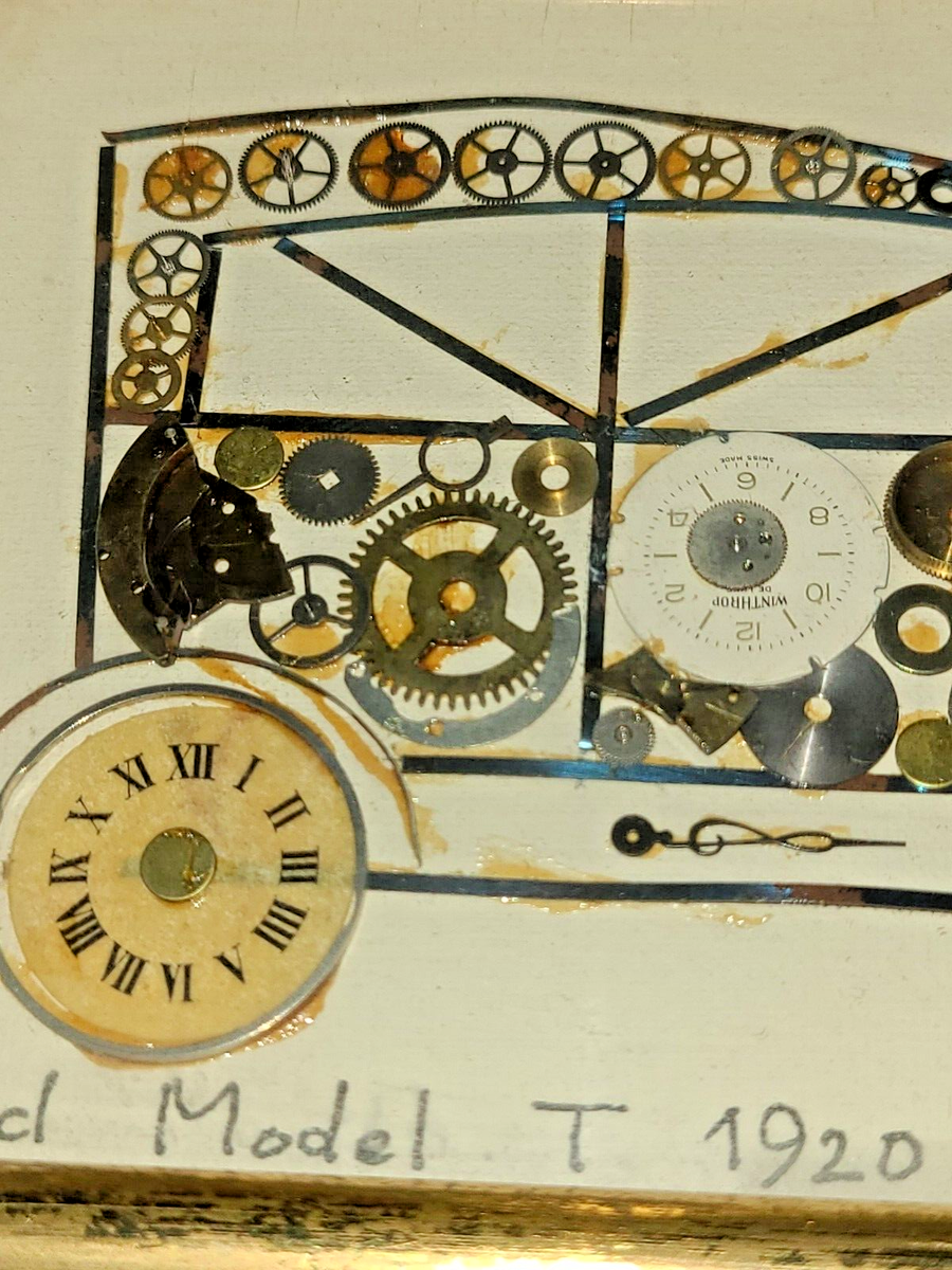 Vtg framed Horological Collage art by L. Kersh, 1971 - Ford Model