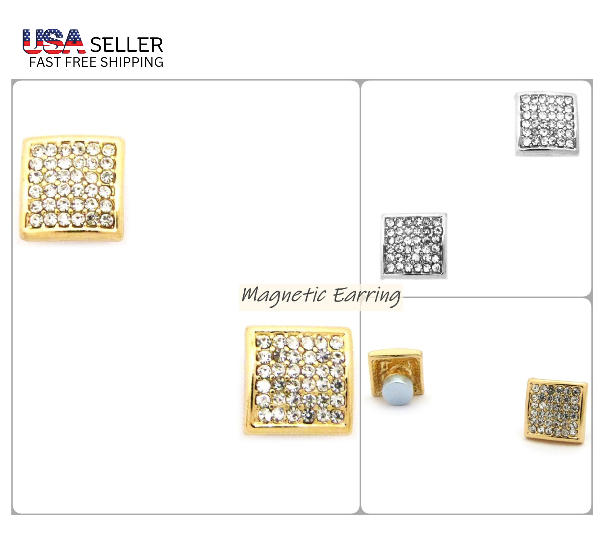 12.7mm Rhinestone Square Shape Magnetic Stud Earring No Piercing