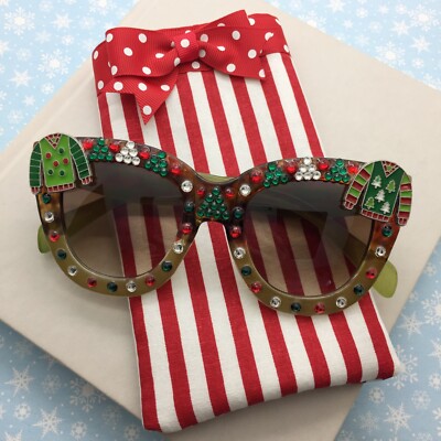 Ugly Christmas Sweater Cat Eye Bling Sunglasses for Adults with Candy Cane Case