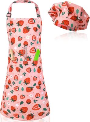 Kids Apron and Chef Hat Set, Cute Strawberry Apron Adjustable Kids Aprons with 2