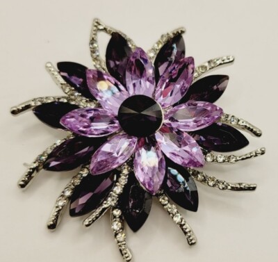 Elegant Gray Satin Hair Scarf with Purple Crystal Floral Brooch Handmade. Gray,sea Blue,purple,blue,red Color Satin Flower  main image 3