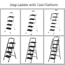 3/4/5 Folding Step Ladder with Tool Platform Anti-Slip Wide Pedal Black/White