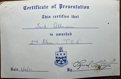 Washington Township New Jersey Vintage Certificate Frank Albanese NJ 2nd Place