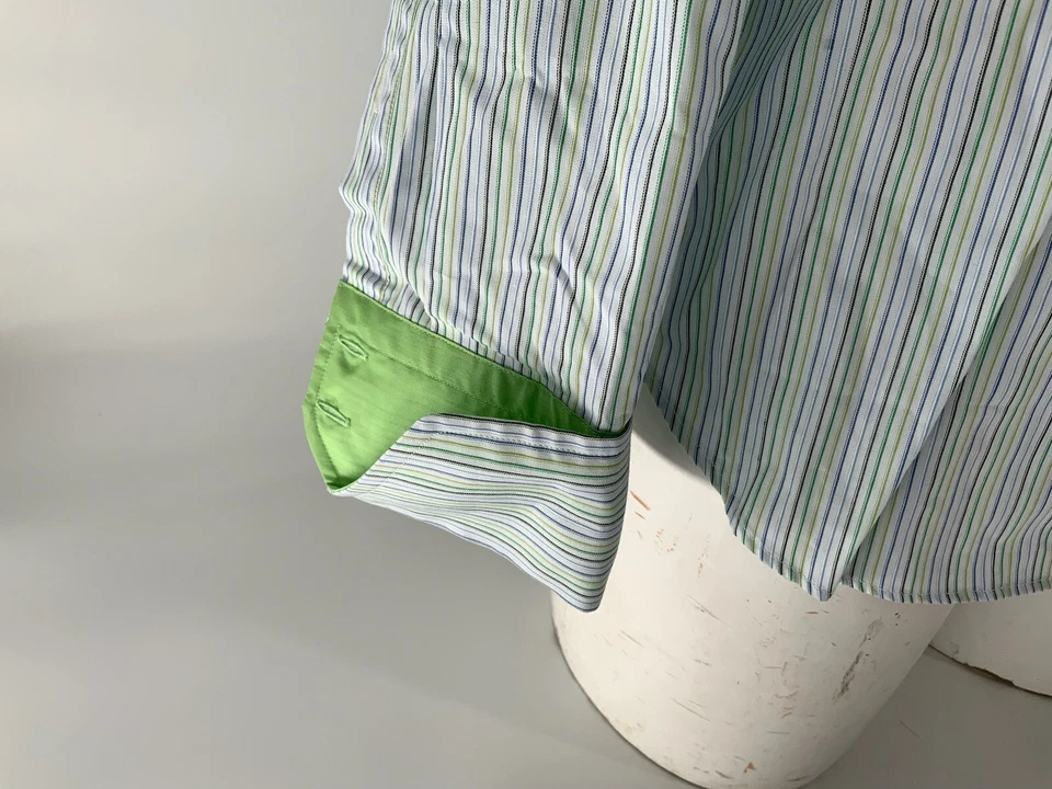 Camisa con botones Ghirardelli M blanca verde azul a rayas puño abatible Italia YGI B2-333 Foto 4 de 4