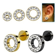 Unisex Rotondi Falso Plug Strass Tunnel Nero Oro Orecchini Acciaio Inox