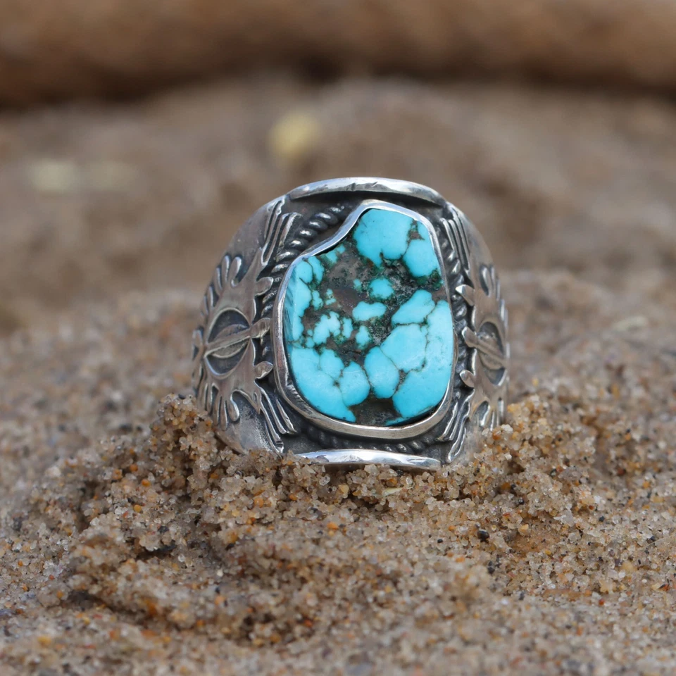 ANILLO TURQUESA RUGOSO NATURAL PARA HOMBRE Y MUJER ANILLO DE PLATA DE LEY 925 REGALO ÉL Foto 2 de 4