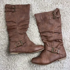 Top Moda womens size 6 Brown Mid Calf Boots Faux Leather Slip-On