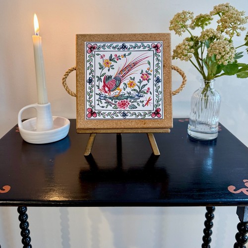 Vintage Hand-Painted Bird Portugal Tile or Trivet in Cork ~ 7.25" - Picture 8 of 8