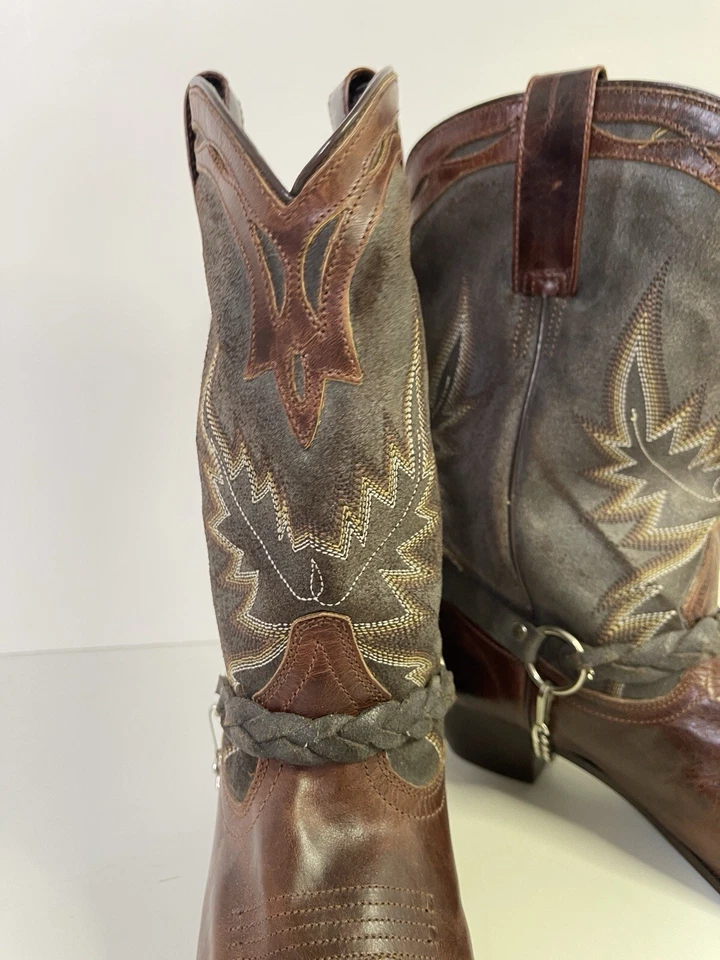 Botas de caubói vintage Oak Tree Farms couro marrom bordado prata corrente tamanho 8 - Imagem 3 de 4