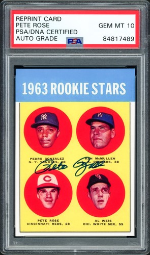 Pete Rose Signed 1963 Topps RC Retro RP Card #537 Reds Sig GM 10 PSA/DNA