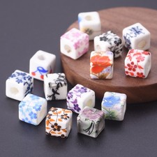 20pcs 10mm Cube Shape Flower Painted Ceramic Porcelain Beads For Jewelry Making