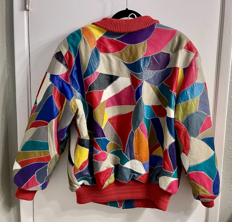 Chaqueta Bomber Rara De Colección David Verde Años 70 Colorida Retazos Cuero L Foto 2 de 4
