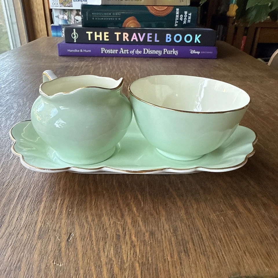 Antique Old Royal Bone China Creamer , Sugar And Serving Tray Mint Green-England - Image 4 of 4