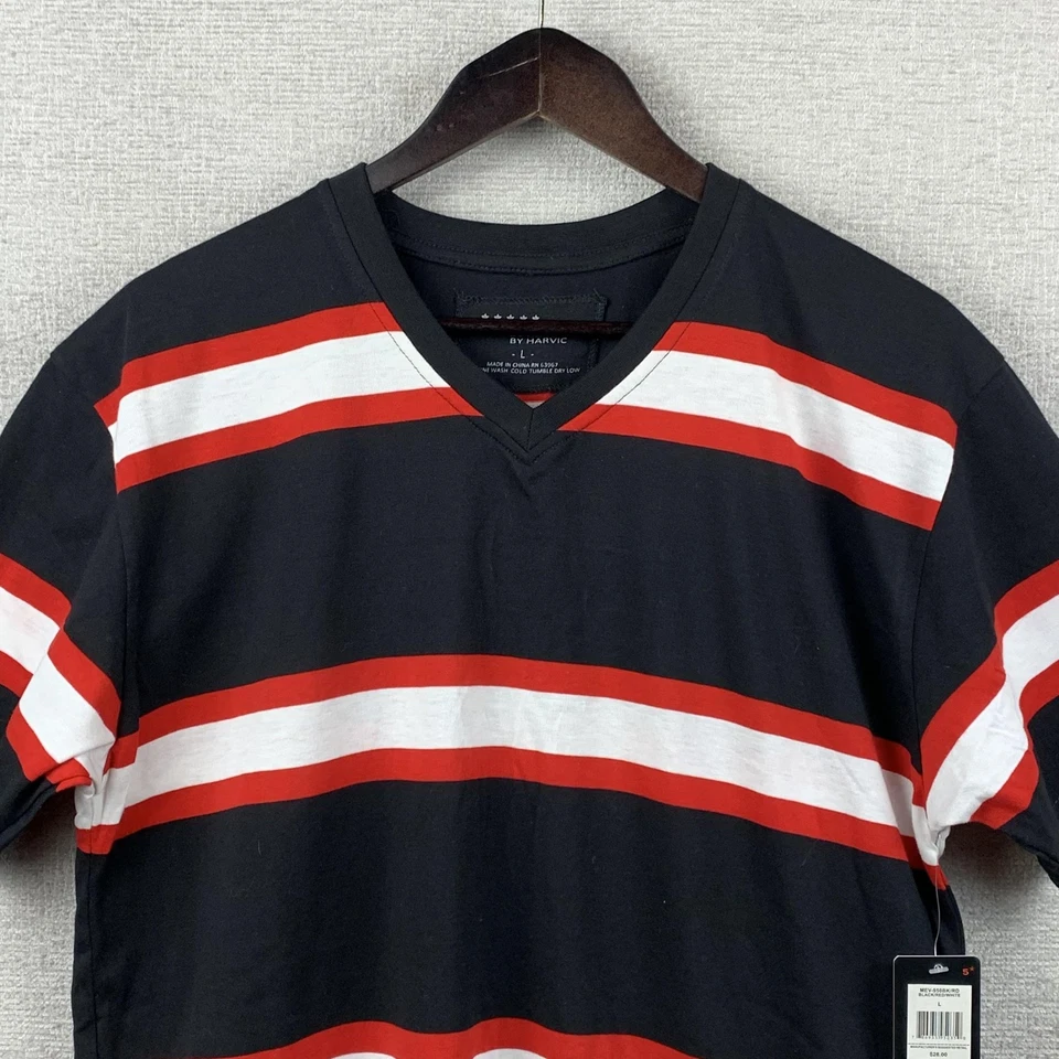 Galaxy By Harvic Shirt Mens Large Black Red White Striped V Neck Short Sleeve T - Image 2 of 4