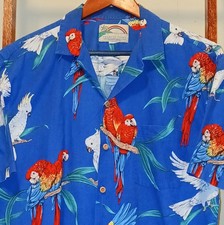 Camicia hawaiana vintage Paradise Found uomo grande blu pappagallo uccellino USA Magnum PI