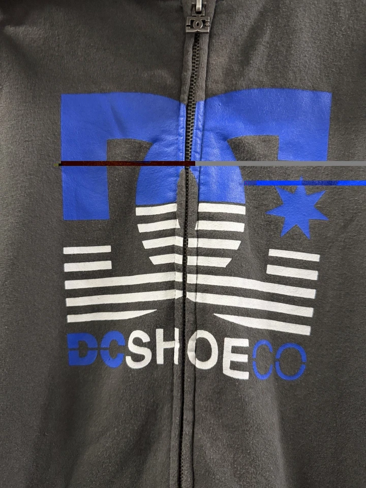 Винтажная мужская толстовка с капюшоном Y2K DC Shoes Co серая синяя на молнии большой логотип для коньков гранж - Изображение 3 из 4
