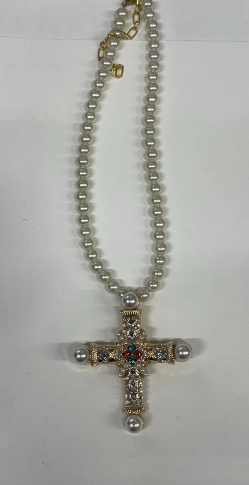 Collar Cruz Piedras Perlas Oro Perlas 18”+2” Palacio Declaración Joyería NUEVO Foto 2 de 4