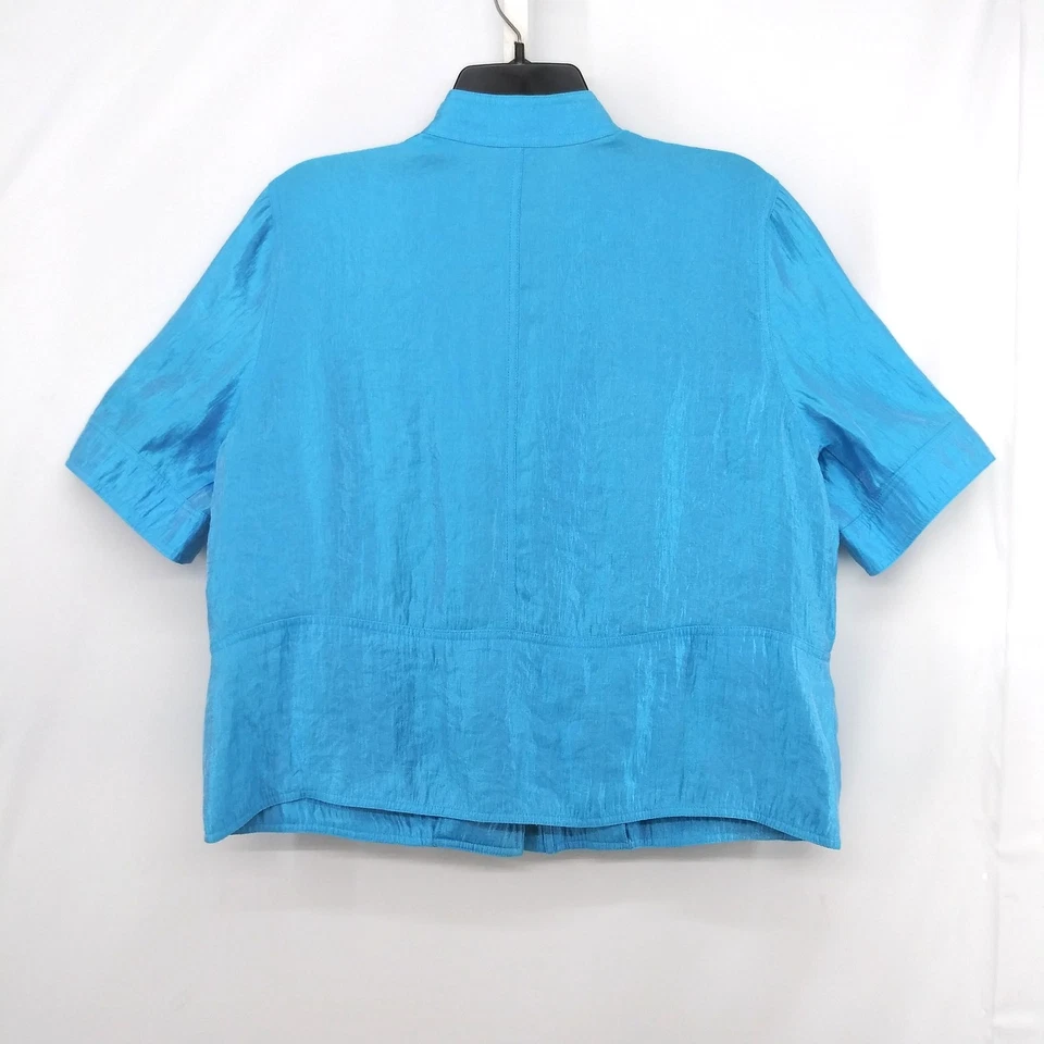 Ruby Rd Jacket Women Size 14P Aqua Blue Shimmer Short Sleeve Band Collar Zip Up - Image 4 of 4