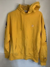 Champion Premium Reverse Weave Hoodie Sweatshirt Mens L Yellow Vintage Y2K Hood