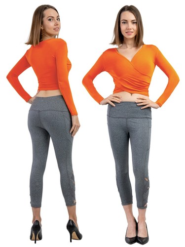 Women's Long Sleeve Deep V Neck Cross Wrap Crop Surplice Top - Picture 93 of 104