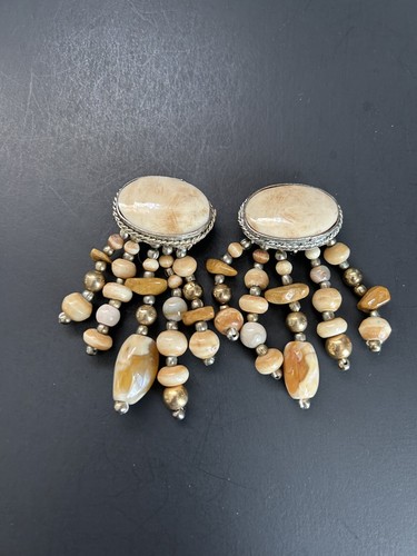 Vintage Artisan Native Natural Jasper Stone Bone Statement Dangle Clip Earrings - Picture 4 of 6