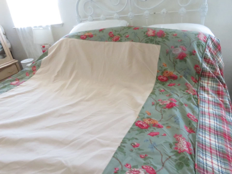 Falda de cama Ralph Lauren vintage hecha a medida ROSA sobre verde salvia con cuadros Foto 4 de 4