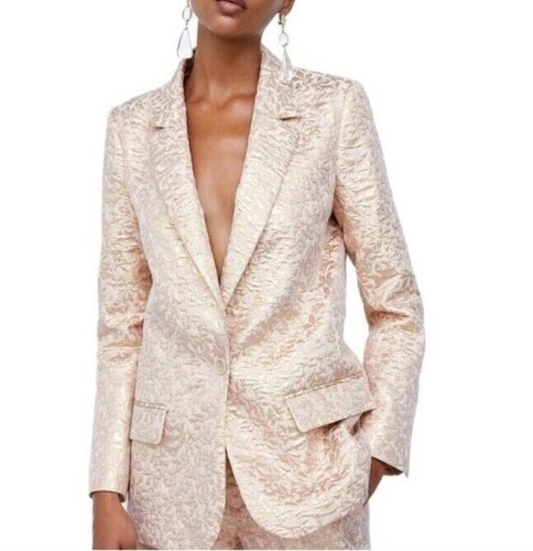 New Zara Metallic Jacquard Gold Blazer Jacket Women's Size XS