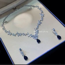 Lab-Created Blue Sapphire Necklace Earrings Set 18K White Gold Plated Gorgeous