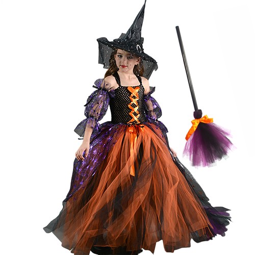 Kids Girls Witch Costume Purple Witch Dress Hat Set For Halloween Party Dress Up