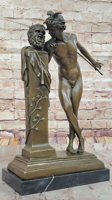 Signed Moulin Bronze Mercury Statue - Leaning Hermes Artwork on Marble Base Art