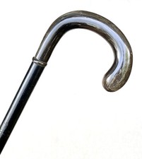 Vintage Antique 19C Crook Horn Handle Ebony Shaft Fancy Walking Stick Cane Old